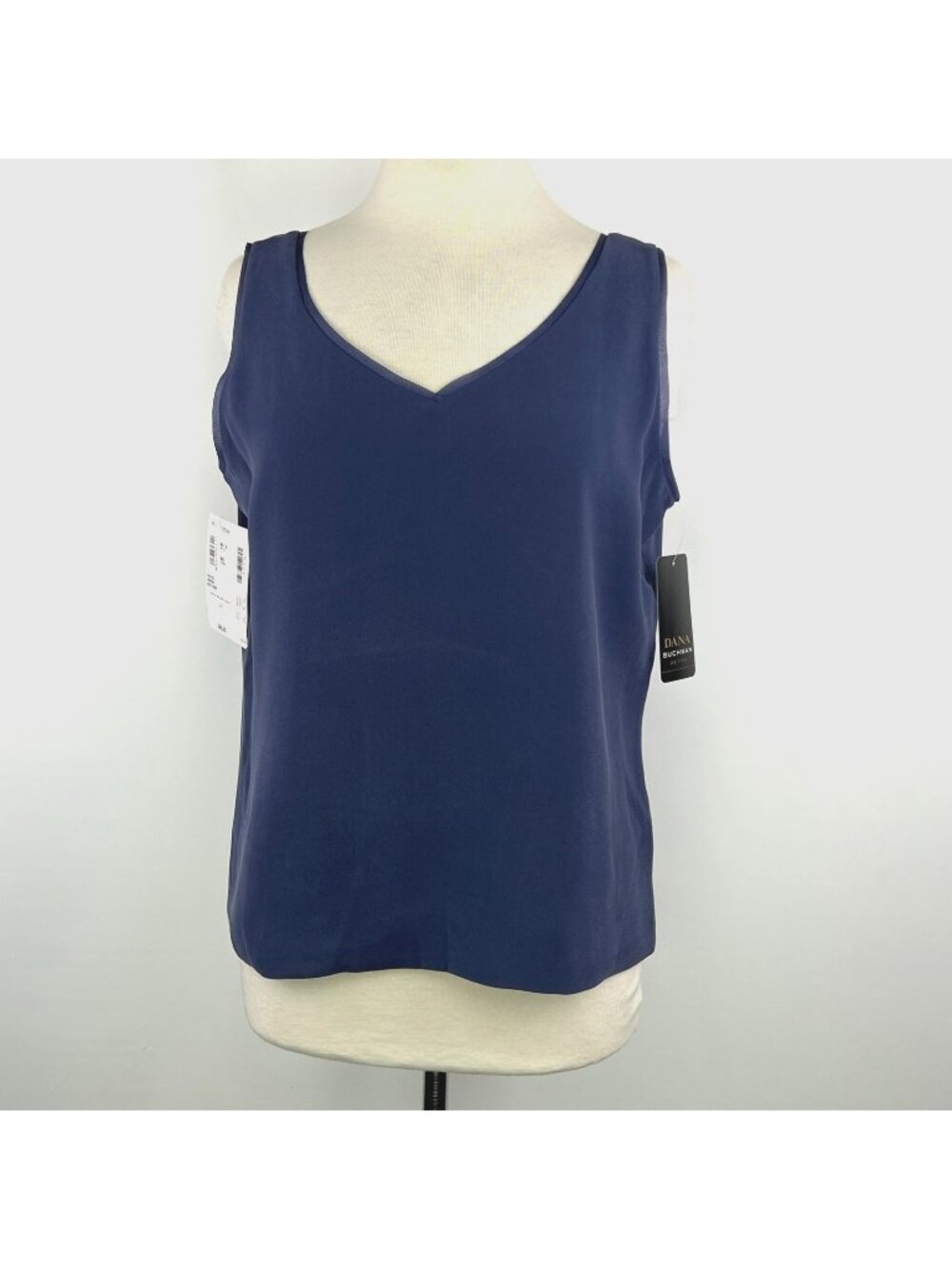 Dana Buchman Size 14P 100% Silk Blue V-Neck V-Back Tank Blouse Petite Lined